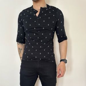 H&M Anchor Print Slim Fit Rolled Long Sleeve T-shirt